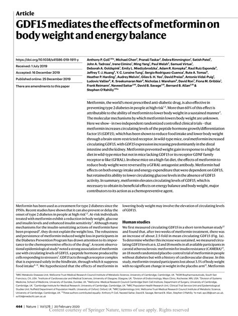 GDF15 Mediates The Effects Of Metformin On Body Weight And Energy