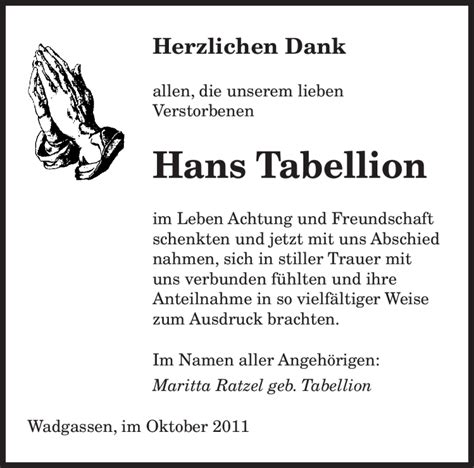 Traueranzeigen Von Hans Tabellion Saarbruecker Zeitung Trauer De