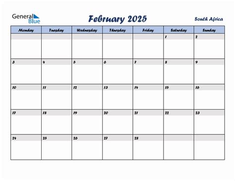 February 2025 South Africa Monthly Calendar With Holidays