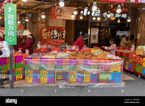 Stall At Dihua St New Year Market In Taipei Selling Candy Stock Photo