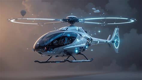 Futuristic Helicopter Flying In Stormy Sky With Hot Air Balloon Stock Image Image Of Hovering