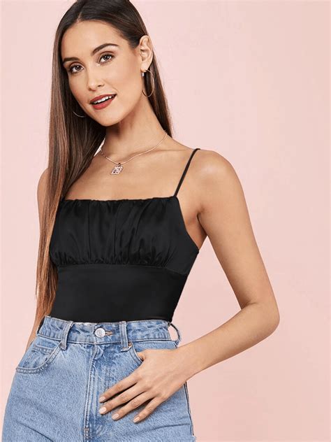 Black Satin Ruched Bust Crop Cami Top La Chic Pick