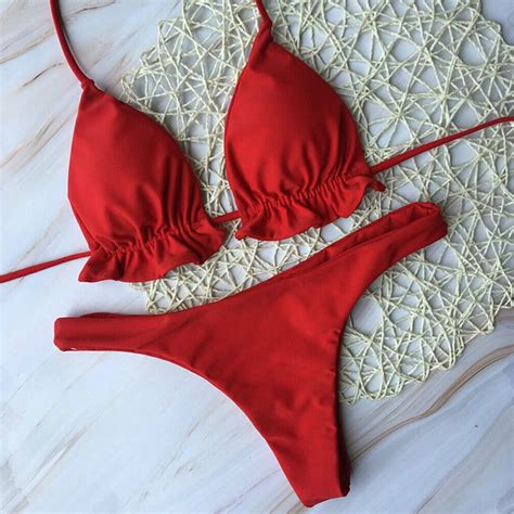 Jual Red Sexy Bikini Set Women Bandage Bathing Suit Brazilian Push Up