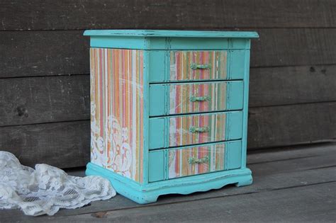 Shabby Chic Jewelry Box Jewelry Armoire Aqua Decoupage Etsy