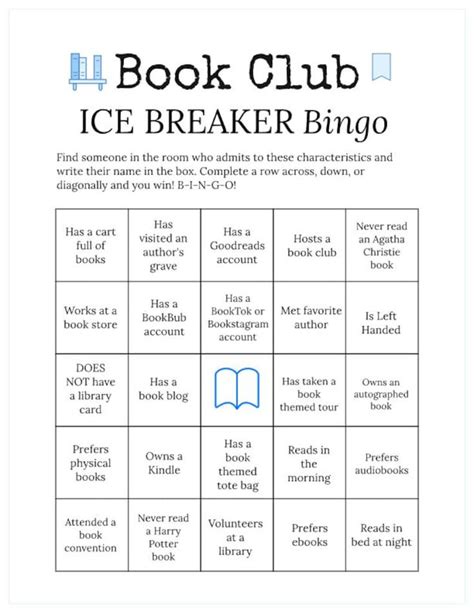 Book Club Ice Breaker Game Human Bingo Cards Printable Get To Know You