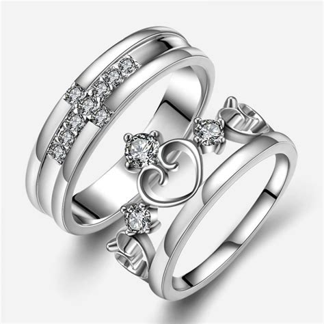 Sterling Silver Crown Promise Ring For Couple With Cross And Tiara Shape Cubic Zirconia