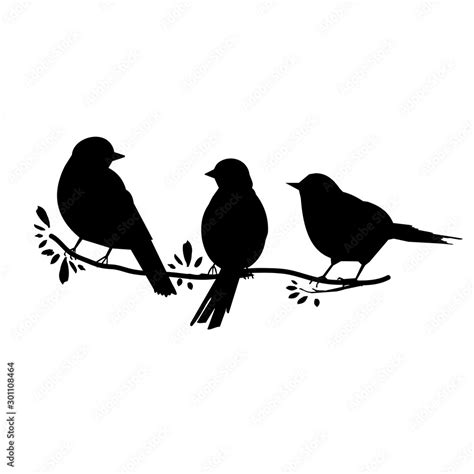 Three Birds On A Branch Black Silhouette Stock Vector Adobe Stock