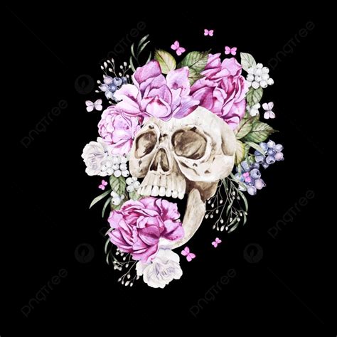 Beautiful Watercolor Skull With Flowers Of Peony And Roses Illustration