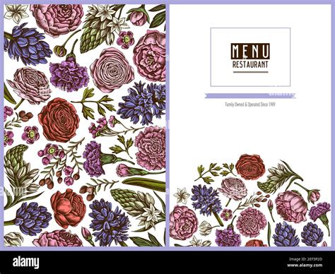 Menu Cover Floral Design With Colored Peony Carnation Ranunculus Wax