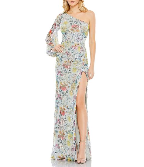 Mac Duggal Sequin Floral Asymmetric Neck One Long Sleeve Thigh High