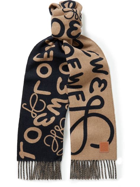 Loewe Leather Trimmed Fringed Wool And Cashmere Blend Jacquard Scarf