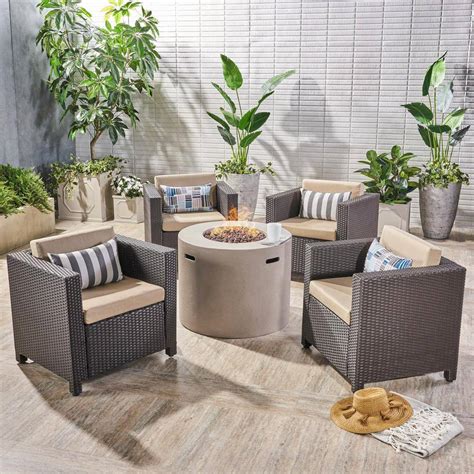 Noble House Nolan Dark Brown Piece Faux Rattan Patio Fire Pit