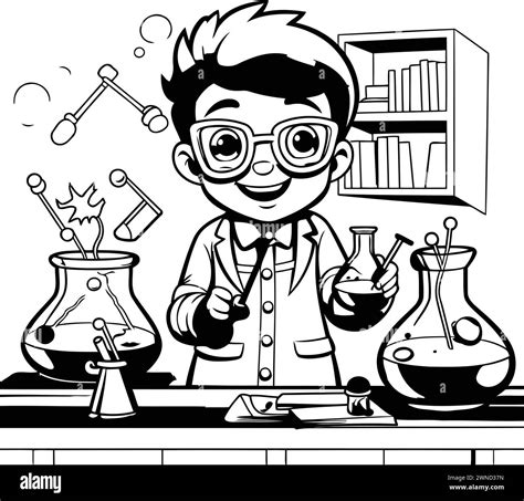 Scientist boy working in laboratory. black and white vector ...