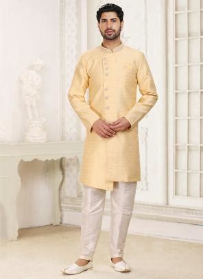 Buy Peach Banarasi Jacquard Wedding Wear Weaving Indo Western Sherwani