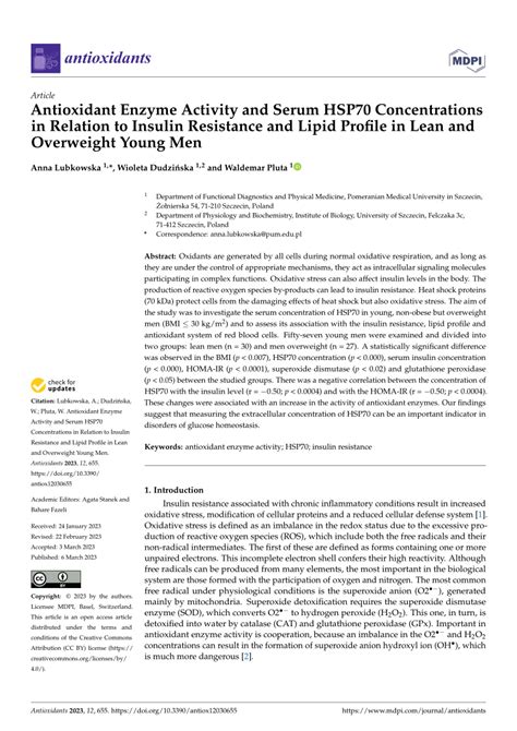 Pdf Antioxidant Enzyme Activity And Serum Hsp Concentrations In