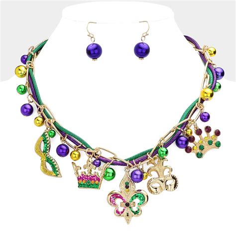 Mardi Gras Fleur De Lis Mask Crown Pendant Thread Station Necklace