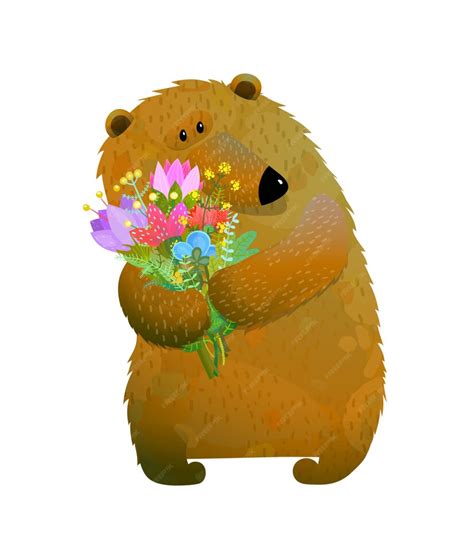 Premium Vector Brown Bear Holding Bunch Of Flowers