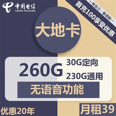 长期套餐 电信大地卡39元包230g通用流量 30g定向 无语音功能【自主激活，流量可结转】 萌卡屋