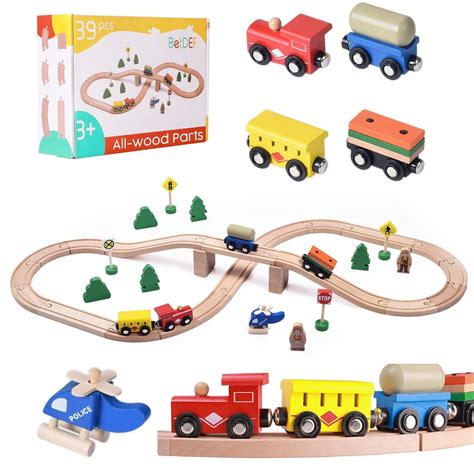 Betdef Wooden Train Set39 Pcs With All Wood Train Tracks With Double