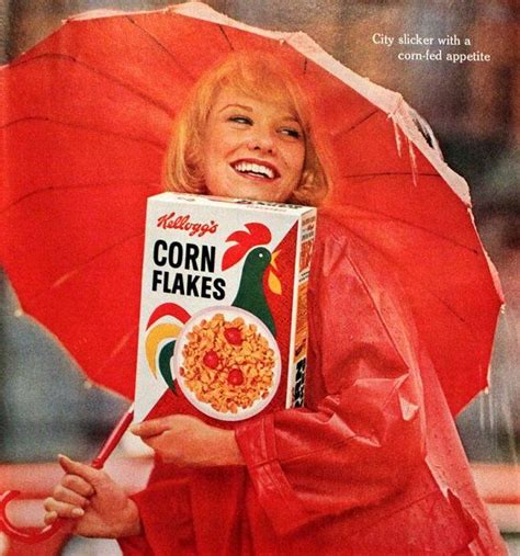 An Advertisement For Corn Flakes With A Woman Holding An Umbrella And Smiling At The Camera