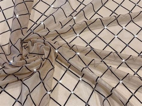 Nude Black Glitter Diamond Sheer Stretch Mesh Fabric