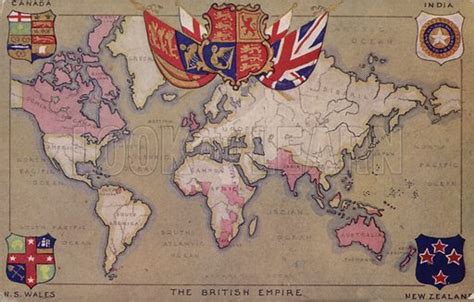 Map showing the British Empire with flags and coats of arms stock image ...