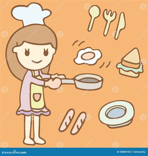 Cute Girl Cooking Breakfast Cartoon Stock Photo - Image: 30880740