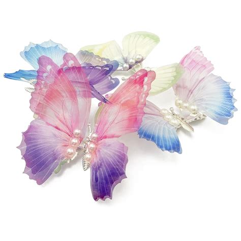 Prettylife Flying Butterfly Hair Clips 4 Pieces Large 3d Organza Silver Metal