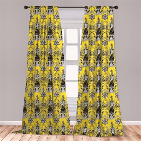 Grey And Yellow Curtains 2 Panels Set Orietal Paisley Floral Design