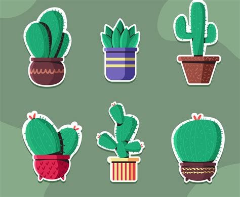 Cute Green Cactus Sticker Pack Vector Art And Graphics