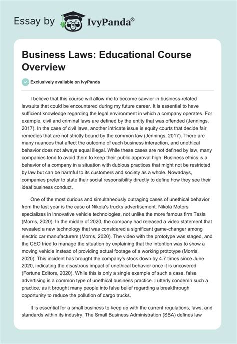 Business Laws Educational Course Overview 551 Words Essay Example