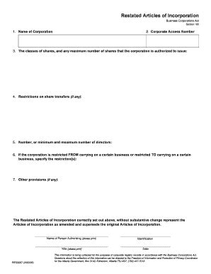 Fillable Online Servicealberta Restated Articles Of Incorporation