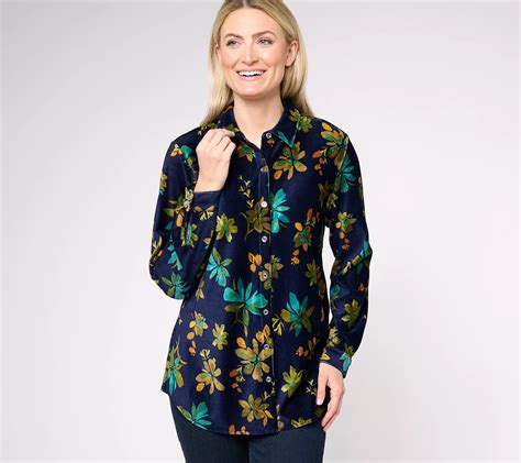 Susan Graver Weekend Petite Printed Knit Corduroy Button Front Shirt