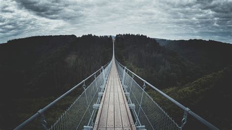 Wallpaper Landscape Wooden Bridge Clouds Trees 1920x1080