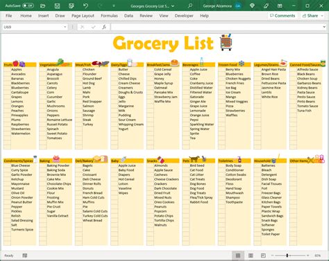 Grocery Shopping List Excel