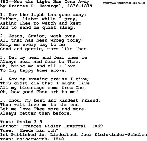 Lutheran Hymns, Song:653--Now the Light Has Gone Away - lyrics and PDF