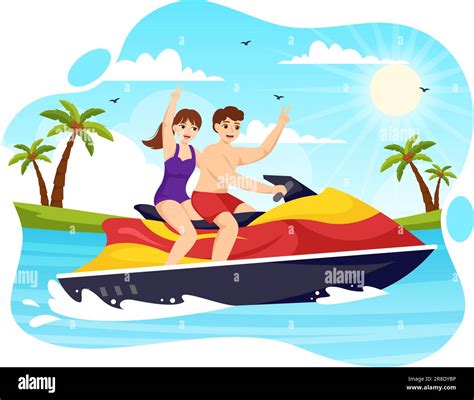 People Ride Jet Ski Vector Illustration Summer Vacation Recreation