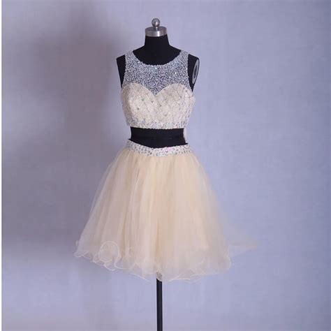 Champagne Puffy Two Piece Crop Top Shortmini Prom Gown Cocktail Party