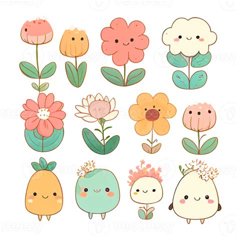 Cute Flowers Cartoon Emoticon Set Funny Flowers Collection 18774962 Png