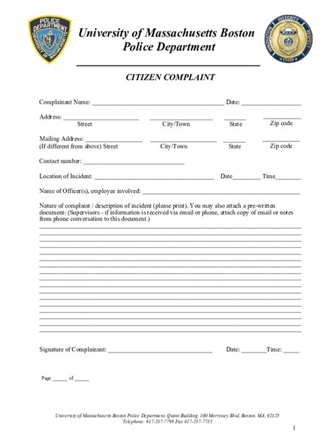 Fillable Online Citizen Complaint Form UMass Police Department Fax