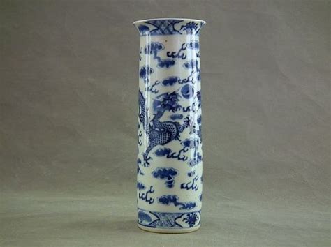 Antique Chinese Qing Dynasty Blue And White Porcelain Cylindrical Vase