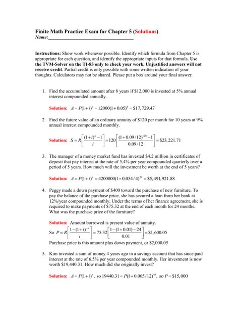 Finite Math Practice Exam For Chapter 5 Solutions