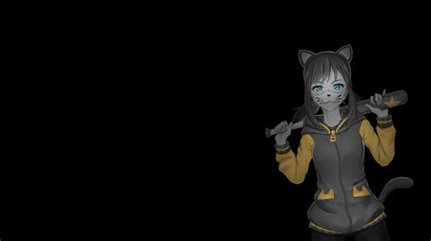 4k Black Background Cat Girl Selective Coloring Cat Ears Dark Background Cat Tail