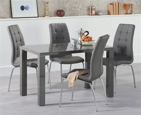 4 Seater Dark Grey High Gloss Dining Table Chairs Homegenies