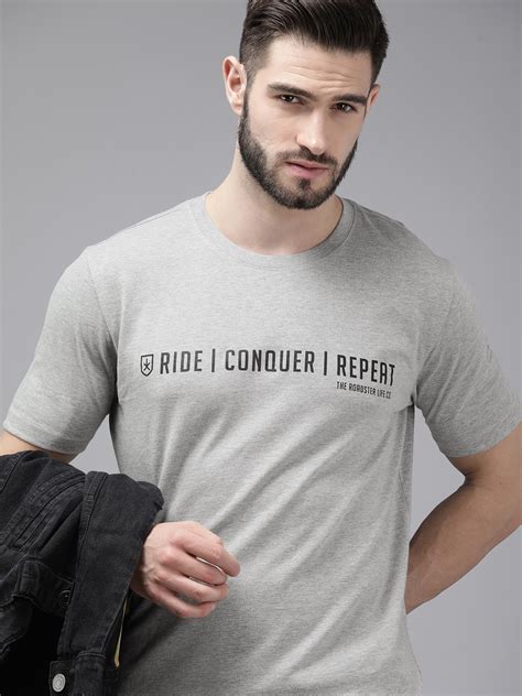 Buy Roadster Men Grey Melange Typography Printed Pure Cotton T Shirt Tshirts For Men 19034224