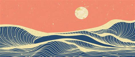 Ocean Wave Landscape Illustration In Vintage Style Abstract Line Art