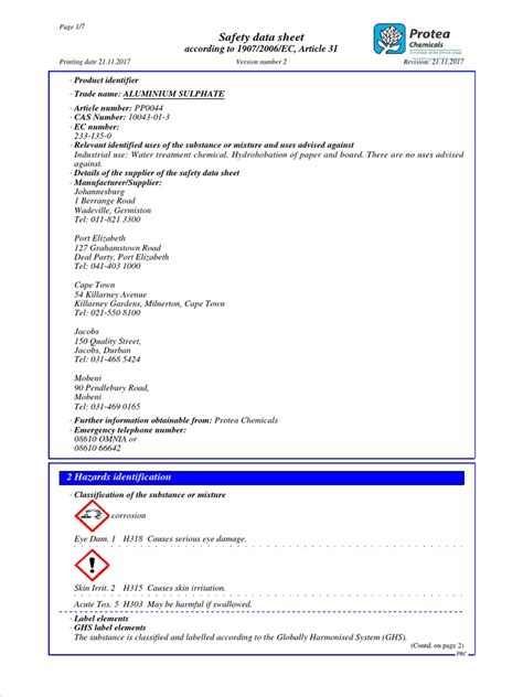 Aluminium Sulphate MSDS | PDF | Dangerous Goods | Chemistry