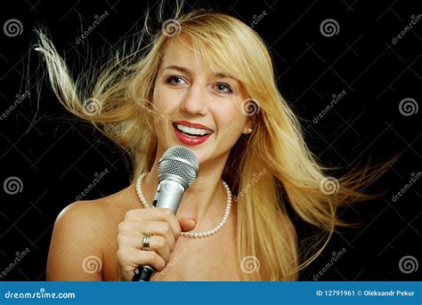 Blonde Girl With Naked Shoulders Singing Karaoke Stock Image Image Of