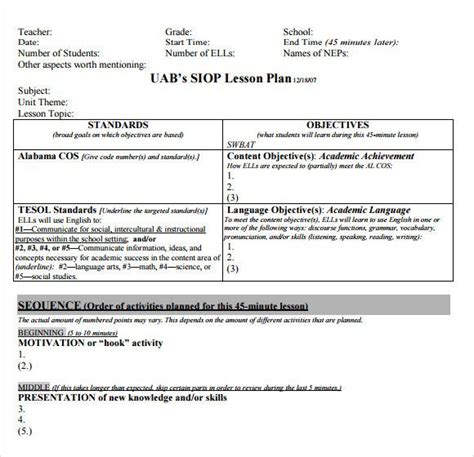 Siop Lesson Plan Template 4 Fresh Sample Siop Lesson Plan 9 Documents