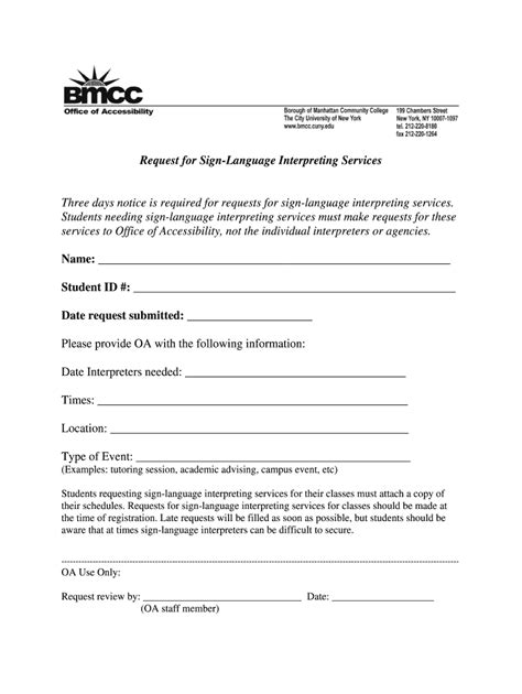 Fillable Online Bmcc Cuny Application For Sign Language Updated 9 2 10